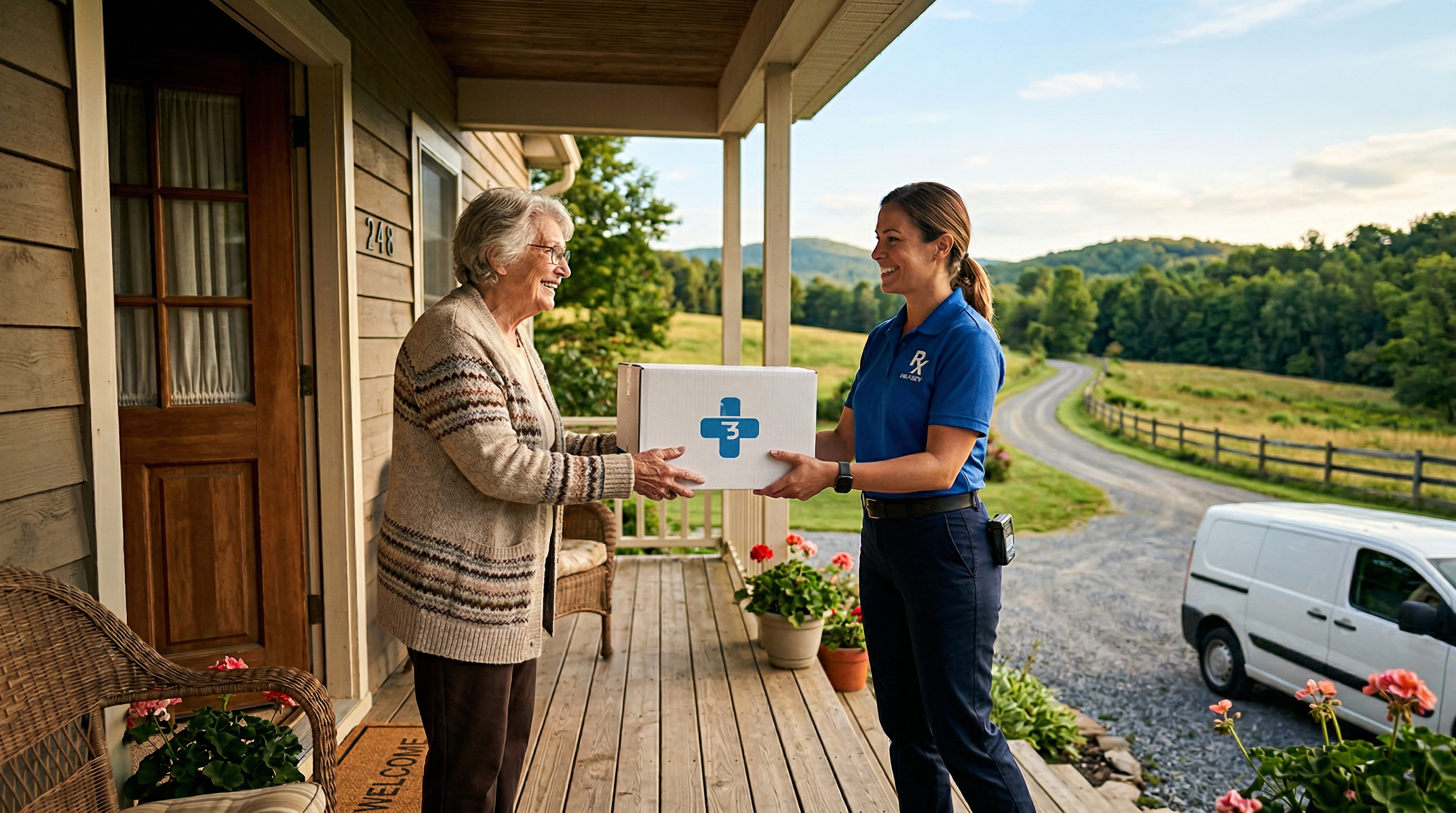 Specialty medication delivery arriving at a rural patient's home